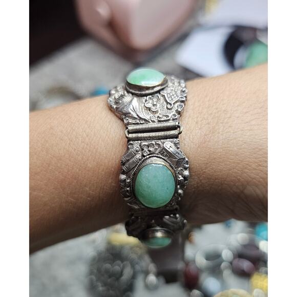 Vintage Chinese Export Silver Jadeite Bracelet Filigree Scrollwork Art Deco - Picture 7 of 8